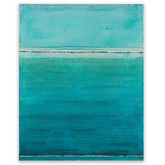Abstract painting with horizontal teal stripes on a white background