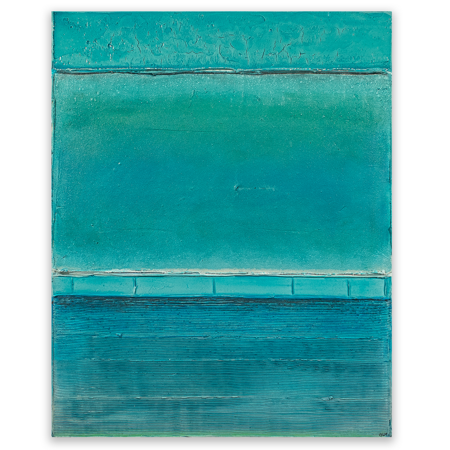 Abstract painting with two horizontal teal stripes on a white background