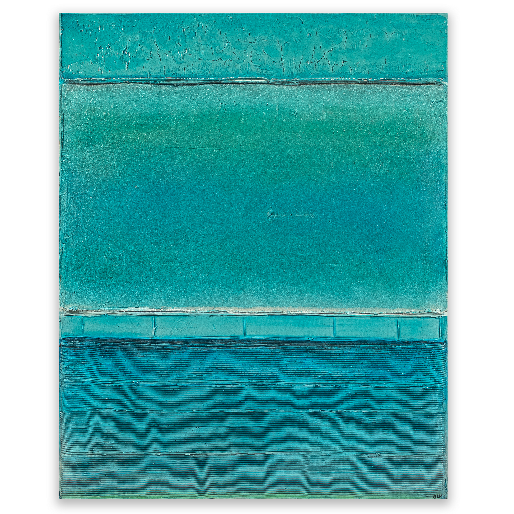 Abstract painting with two horizontal teal stripes on a white background