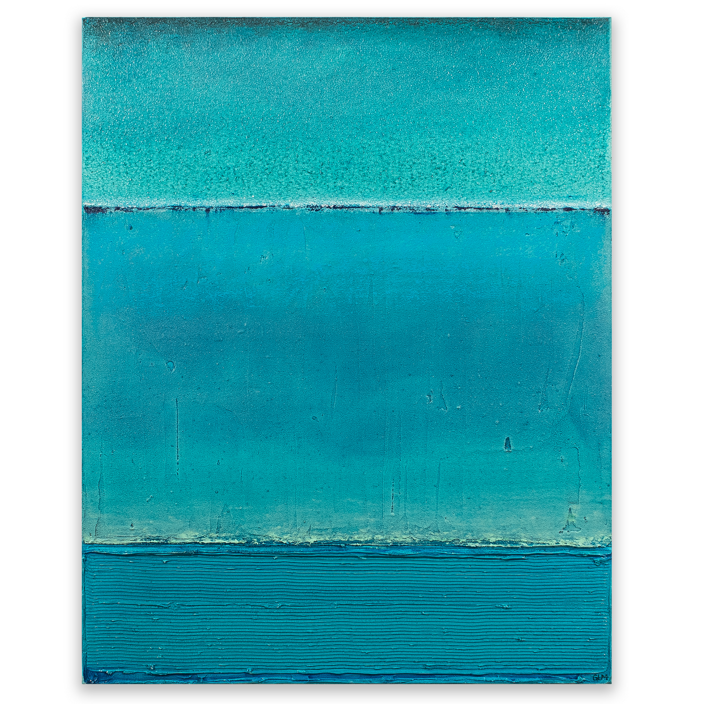Abstract painting with three horizontal bands of blue on a white background
