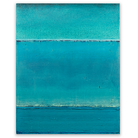 Abstract painting with three horizontal bands of blue on a white background