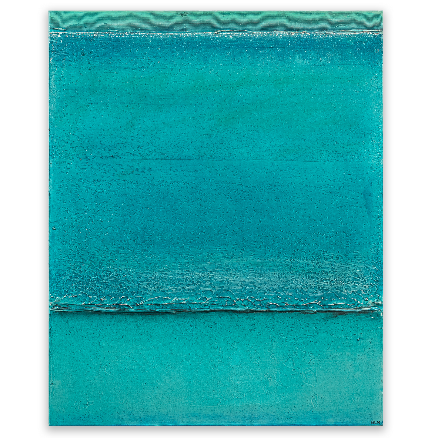 Abstract painting with two horizontal teal stripes on a white background