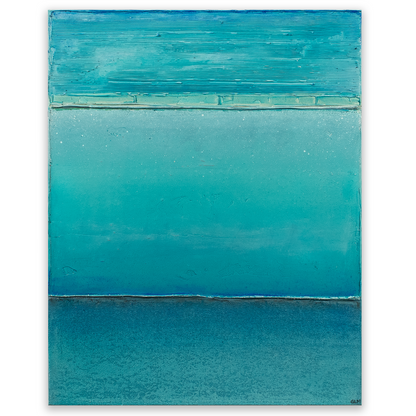 Abstract painting with horizontal stripes of blue on a white background